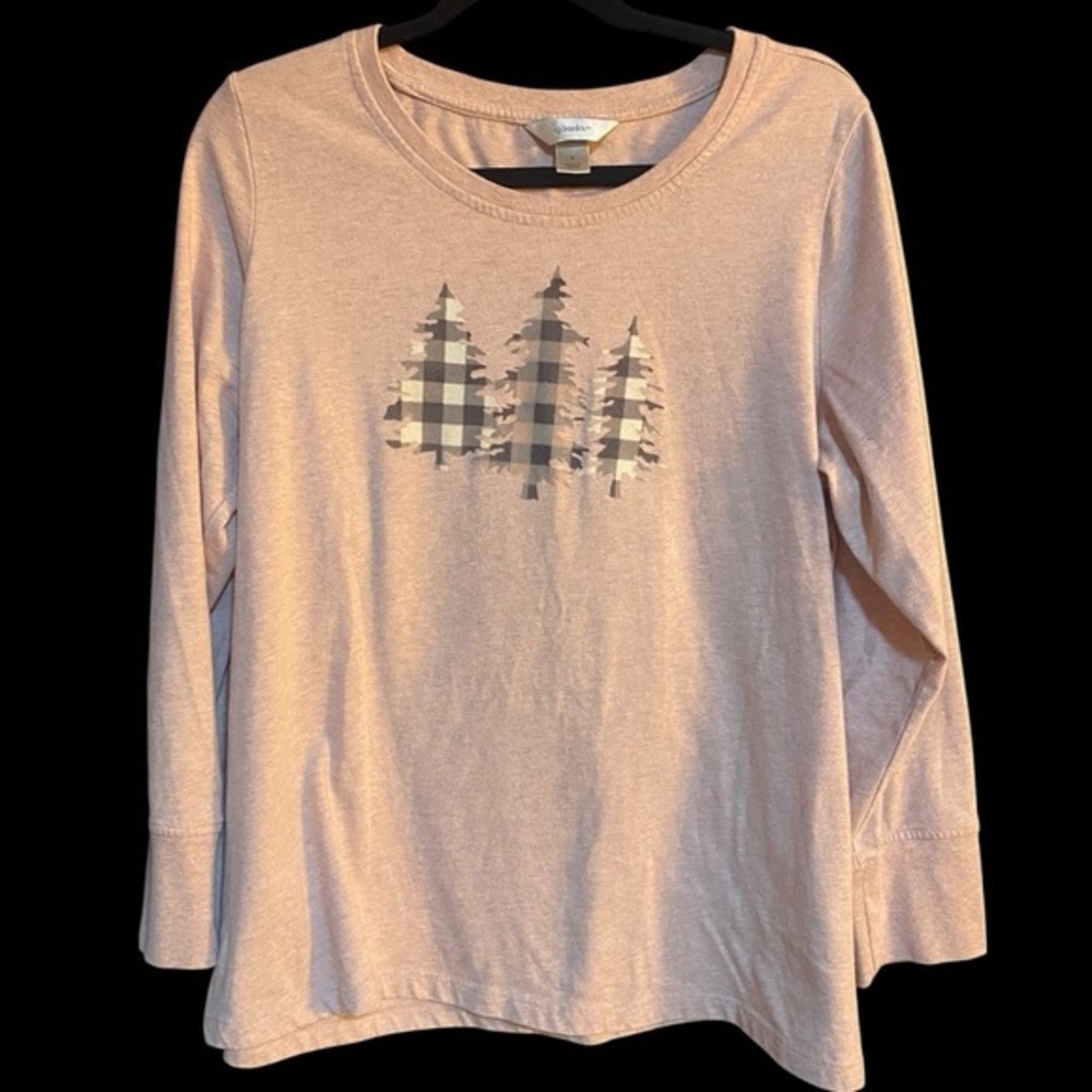 CJ Banks Pink Long Sleeve Tee with Christmas Tree Pattern